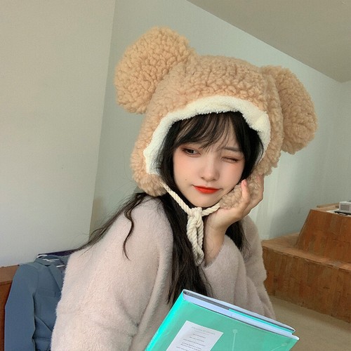 Girls Lovely Bear Ear Hat Winter Thicken Plush Windproof Beanie Soft Cap Khaki - Picture 7 of 16