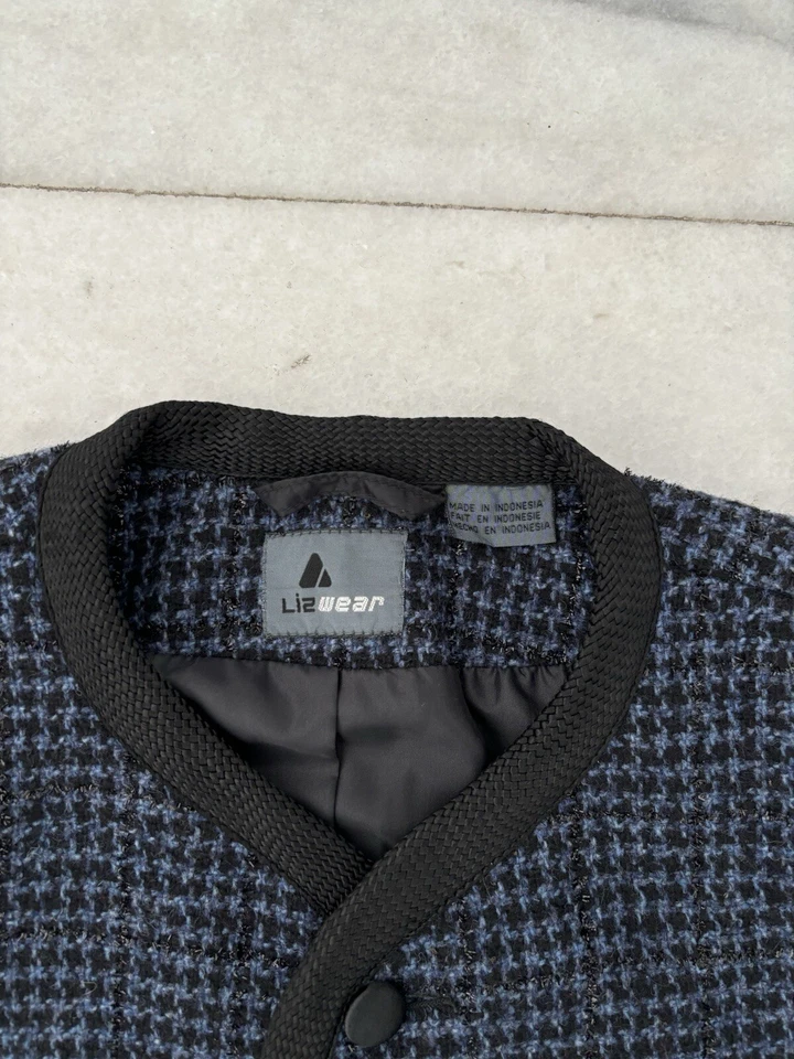 Blazer vintage LizWear pata de gallo azul metálico sin cuello mezcla de lana bolsillos 6 Foto 3 de 4