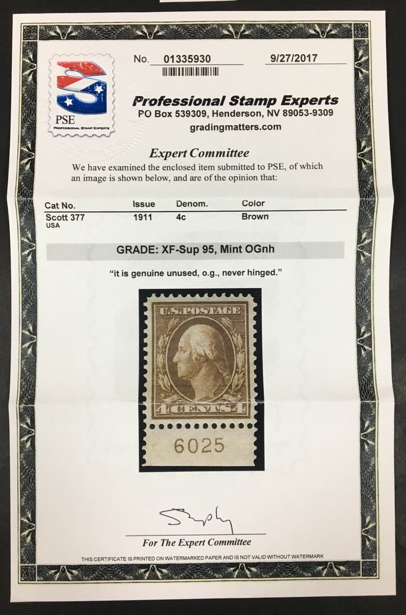 MOMEN US #377 PLATE SINGLE MINT OG NH PF & PSE GRADED CERTS XF-SUP