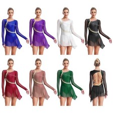 Women Dress Performace Dancewear Backless Dresses Leotard Figure Sheer Skating