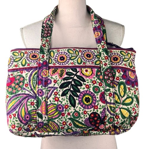 Vera Bradley Viva La Vera Floral Tote Bag Large Purse Purple Yellow Bright Funky - Picture 2 of 13