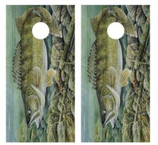 Walleye Fishing Painting Barnwood Cornhole Board Wraps FREE LAMINATION 2774