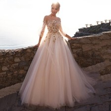 Simple Puff Tulle Wedding Dresses Backless Boho Lace 3D Flowers Bridal Gowns