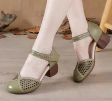 Women's Hollow Out block heel Buckle strap Vintage Fashion Genuine Leather shoes