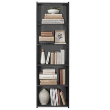 Wood Bookcase 5-Tier Open Shelf Narrow Cube Bookshelf Freestanding Display Black