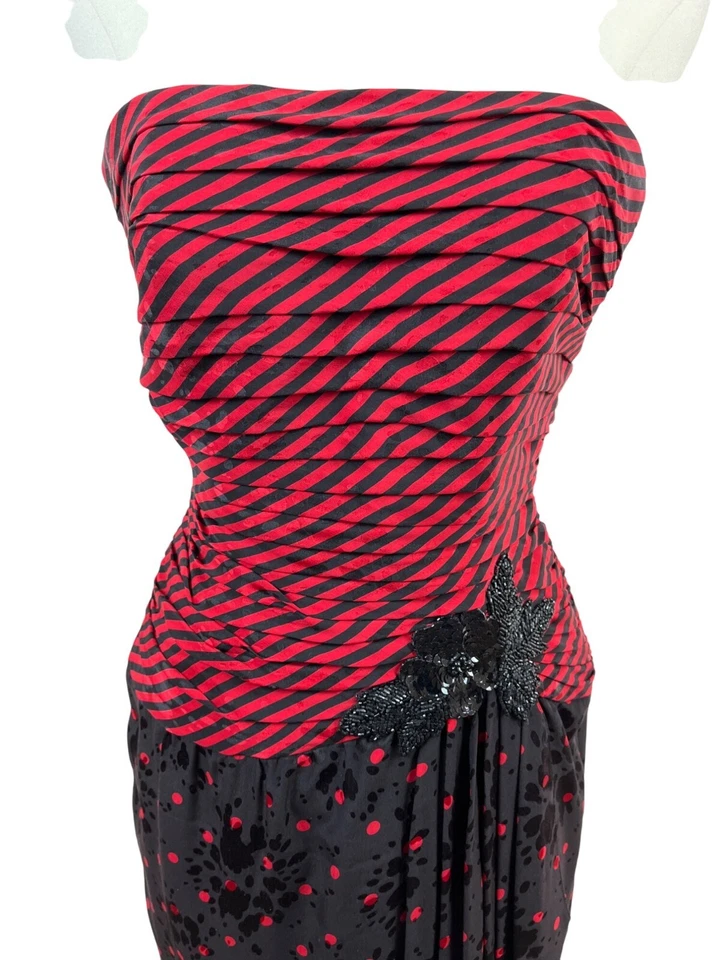 Vintage A.J. Bari Strapless Red & Black Striped Polka Dot Dress Szize 4 - Image 3 of 4