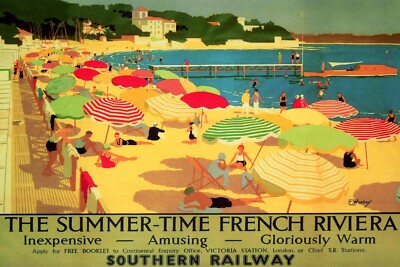 Summer Time French Riviera Sun Beach Tourism Travel Vintage Poster Repro FREE SH