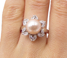 925 Silver Freshwater Pearl  White Cubic Zirconia Floral Ring Sz 7 RG3433