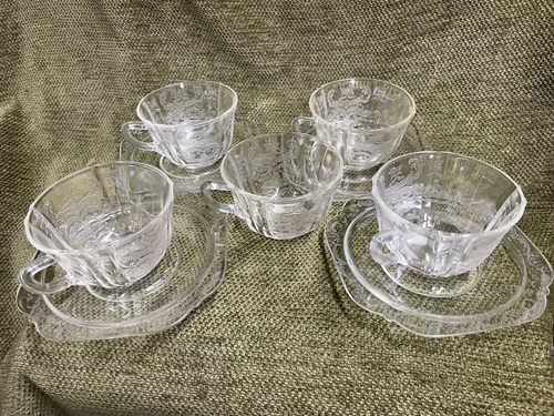 Vtg 1930s Federal Glass Clear Madrid Pattern Set of 5 Tea Cups/4 Saucers