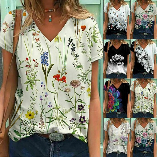 Womens Print Summer Blouse Short Sleeve 