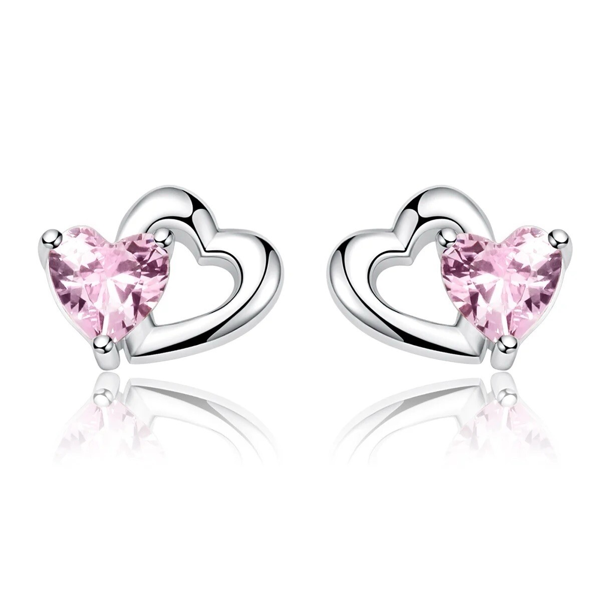 Sterling Silver Heart Earrings With Pink CZ Studs - 925 Fine Silver, Nickel Free