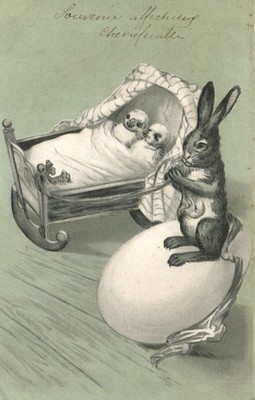 PC BUNNY CHICK CRADLE HUMOR EASTER VINTAGE EMBOSSED POSTCARD (b70013)