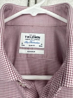 T M Lewin Dress Shirt Men's 16 /35 Red Geometric Non-Iron Cotton Slim Fit Preppy