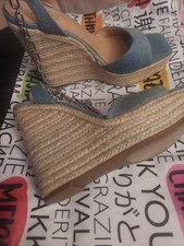 Sandalias de tacón Thalia Sodi azul denim con correa anklestrap alpargata cuña talla 8M