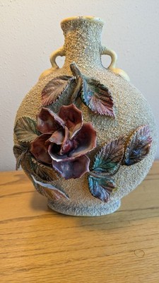 19th Century Sand Majolica Pillow Vase Barbotine Rose & Leaves