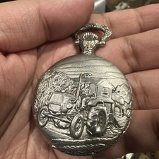 Working Vintage Milan Tractor Pocket Watch Quartz Rare Silver Tone Running Read