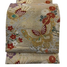 Japanese Kimono Fukuro obi excellent item butterfly flowers foil gold thread