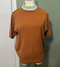 VTG 70s Richman Brothers Burnt Orange Teal & Lime MockNeck ShortSleeve Sweater M