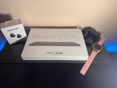 Samsung Galaxy Tab A7 Lite, Buds2 Earbuds & Galaxy Watch 42mm Gold Bundle