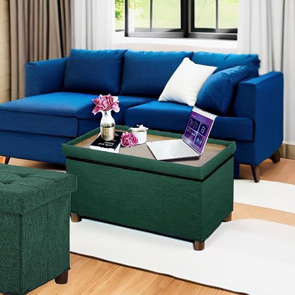 30" Linen Storage Ottoman Bench with Wooden Legs, Removable Lid