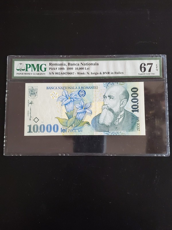 1999 rumania 10000 lei PMG 67