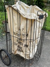 Vintage Rustic French Shopping Cart Folding Metal w/Canvas Federal Reserve Bag