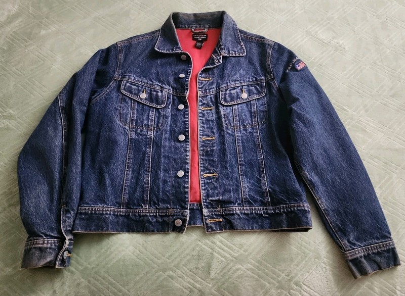 VINTAGE Polo Ralph Lauren Denim Jacket Bomber Button Up LG Distress Flag Sleeve