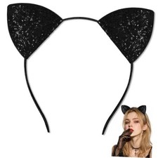 Black Cat Ears Headband Adult, Glitter Black Cat Costume for Women, Halloween