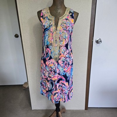 Lilly Pulitzer Carlotta Stretch Shift Dress Size 4 Floral Gold Embellished
