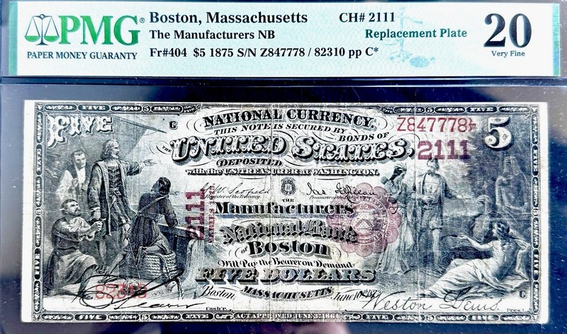 1875 $5 National Bank Star Note Boston MA CH.2111 PMG VF 20. Rare! Read Discr