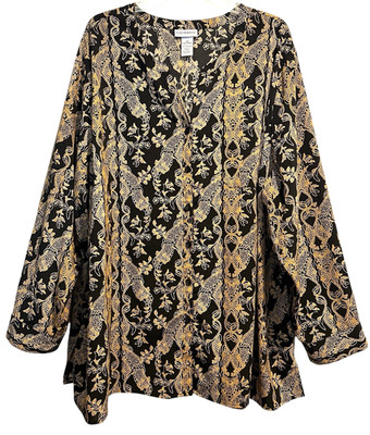 Catherines Top Plus Size 3X Black Gold Lace Print Roll Tab Sleeves Chest Pocket