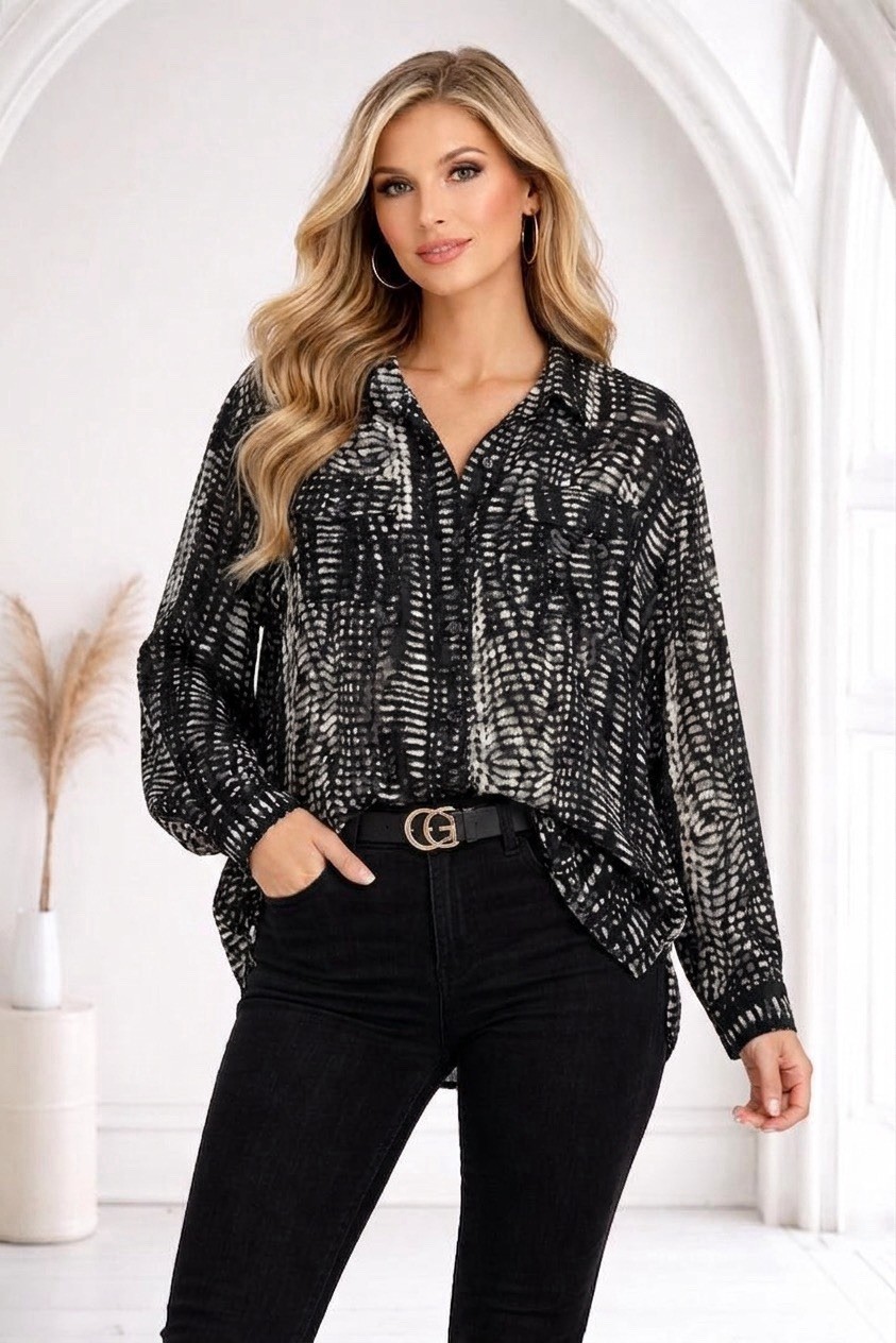 Chico’s Womens Silk Blend Burnout Top Size 2 Large Button Front Sheer Pockets