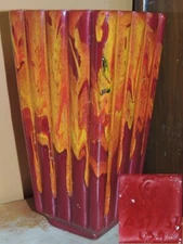 Art Pottery 9" Vase Mid Century red yellow orange drip glaze marked USA colorful