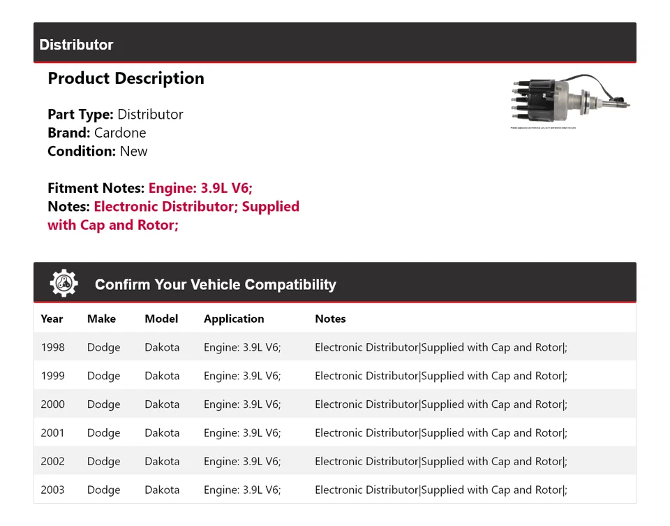 Para Dodge Dakota 1998-2003 3,9 L V6 distribuidor Cardone 1999 2000 2001 2002 Foto 2 de 4