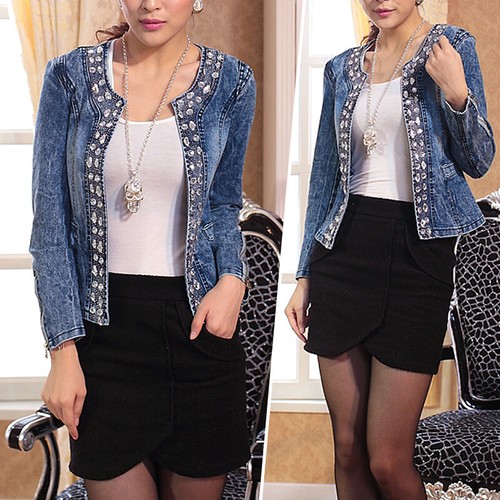 New Women Rhinestone Sequin Jacket Jacket Spring Retro Short Denim Jacket Tops - Bild 4 von 12