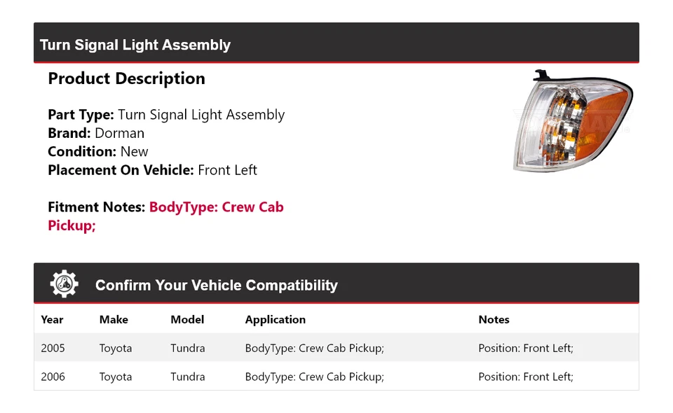 Conjunto de luces intermitentes Dorman para Toyota Tundra 2005-2006 doble cabina Foto 2 de 4