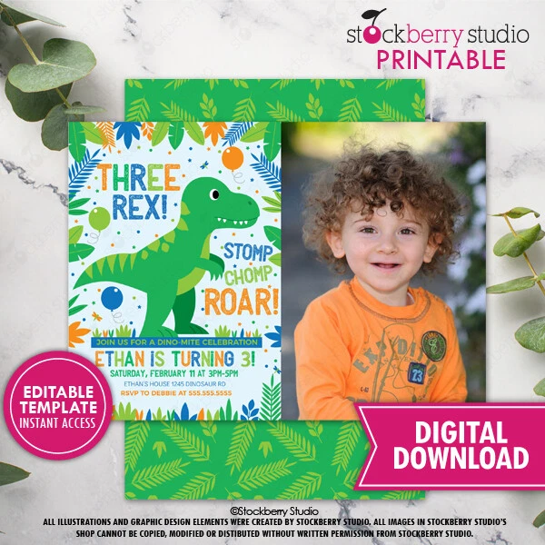 Invitación Foto Cumpleaños Dinosaurio Trex Dino Tres Rex Invitación Impresa T Rex 3 Foto 2 de 4