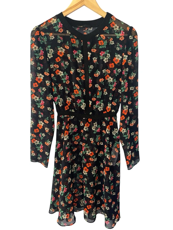 Mini Vestido MAJE Para Mujer Estampado Floral Rayón Negro Transparente Talla 1 Pequeño Foto 2 de 4