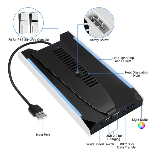 RGB Cooling Fan Stand for PS5 Slim/Pro Console w/ Adjustable Fan Speed 3USB Port - Picture 6 of 8