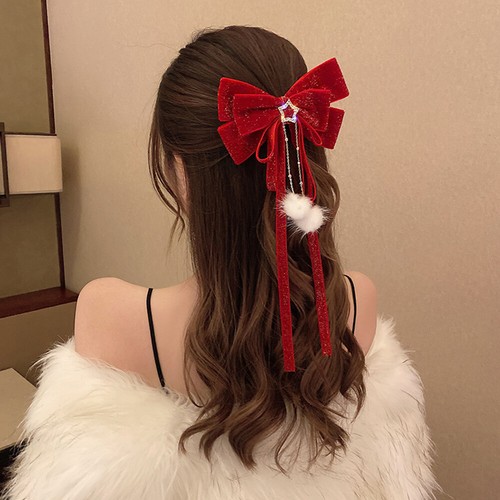 Red Hair Clip Big Bowknot Shiny Velour Hairpins Long Ribbon Hairgrips Barrettes - Picture 7 of 19