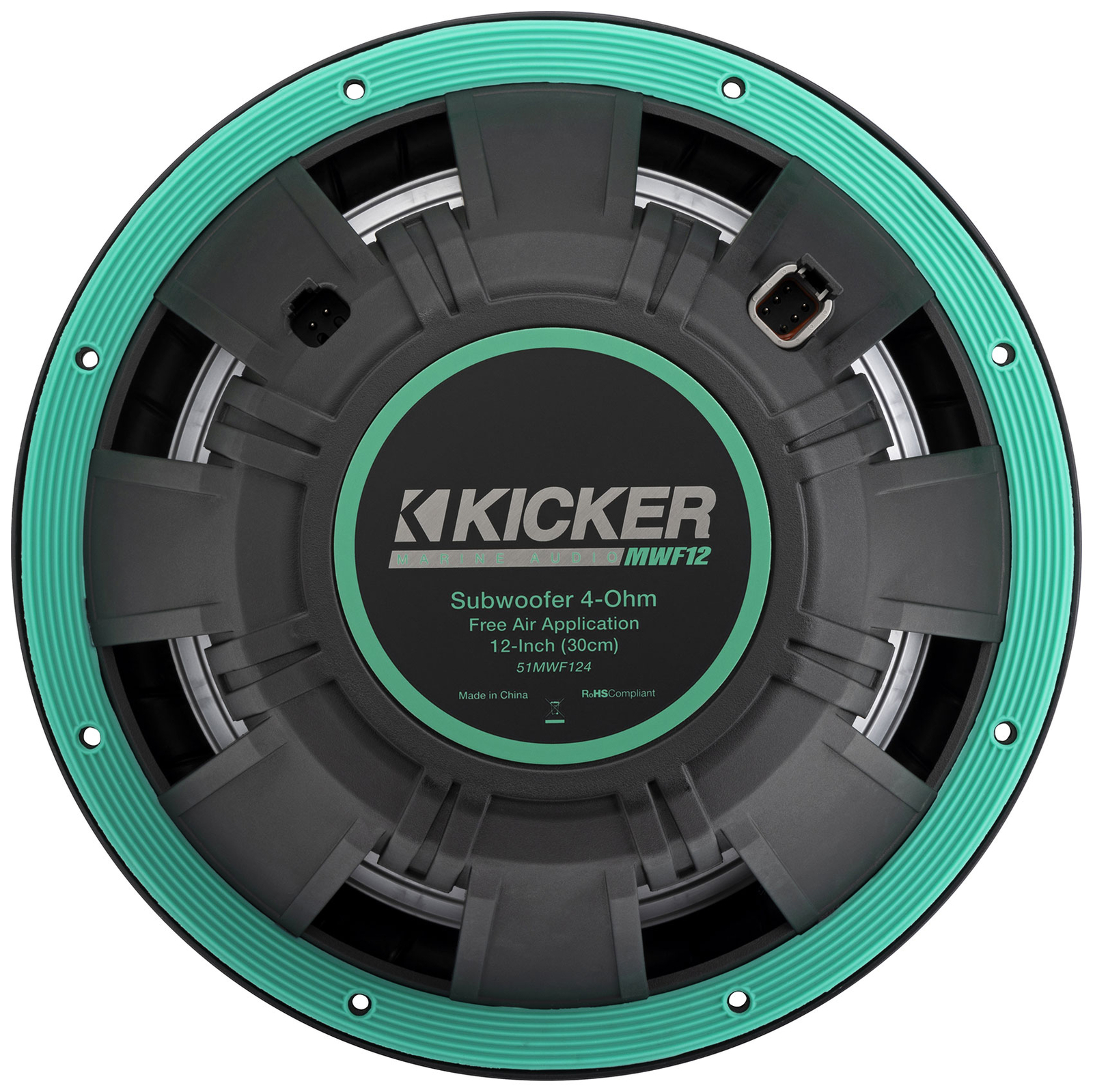 Сабвуфер KICKER 51MWF124 12 мощностью 450 Вт для морских судов с воздушным охлаждением и чернымибелыми сабвуферными решетками