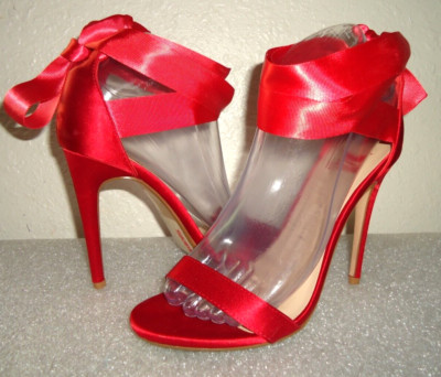 Shiekh Women's Red Satin Lace Up Gala Open Toe Sandals Size-7/37