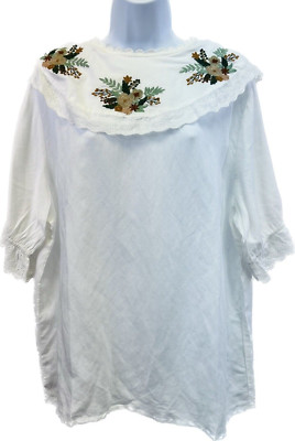 New Women s Cotton Blend Berta Embroidered Collar Short Sleeves Blouse Top US OS