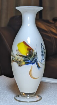 Chinese Dalian Glass Co. Snowflakes 9.5'' Multicolored Swirls Art Glass Vase #2
