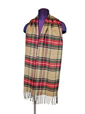 100 Cashmere Tan Red Green Plaid Scarf Unisex Accessory K33