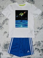 Boys Adidas White Space Basketball T-Shirt  Blue Shorts Set Sz/ 5