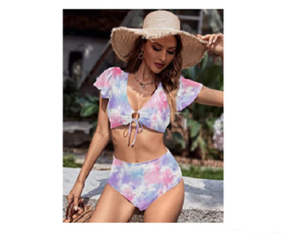MSTUMING Womens Size Small Flutter Sleeve High Waist  Bikini Set Tie Knot  front