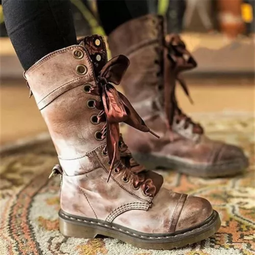 Women Retro Mid Calf Boots Lace Up Biker Punk Military Combat Ankle Bootie Shoes - Bild 6 von 13