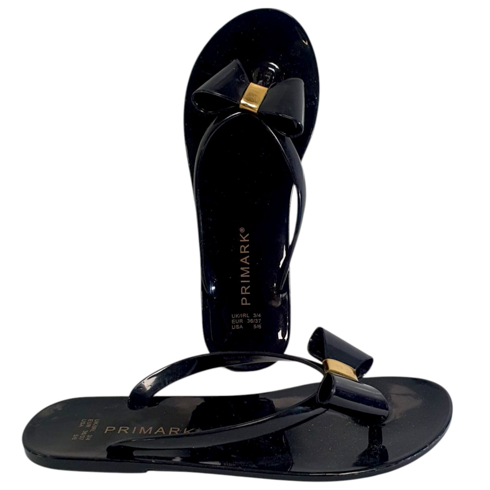 PANTOFOLA D’ORO Sandali donna Primark neri infradito gelatina fiocco oro estate spiaggia ciabatte UK