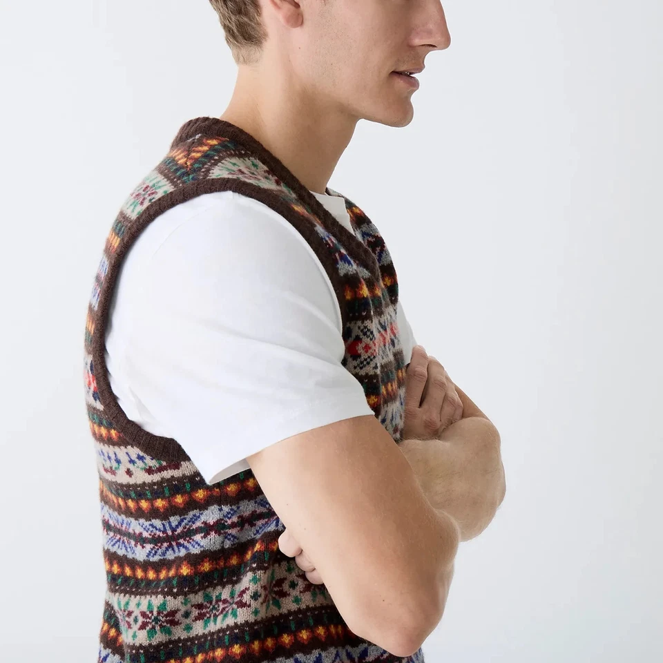 J. Suéter-chaleco de lana de cordero Fair Isle marrón chocolate CREW para hombre - nuevo sin etiquetas Foto 2 de 3